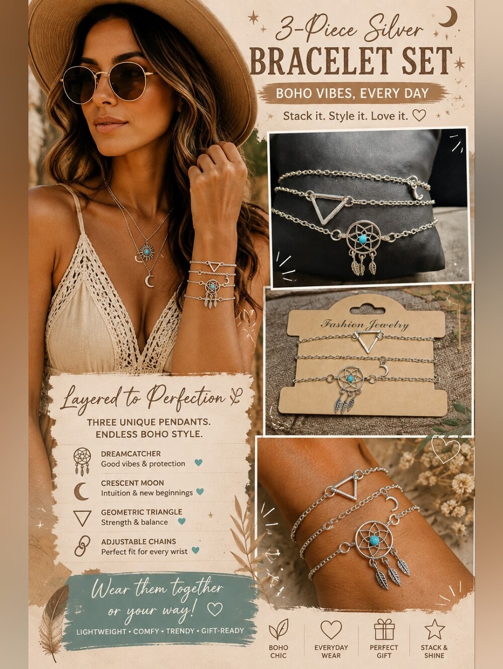 3-Piece Silver Pendant Bracelet Set | Boho Layered Charm Bracelets| Dreamcatcher